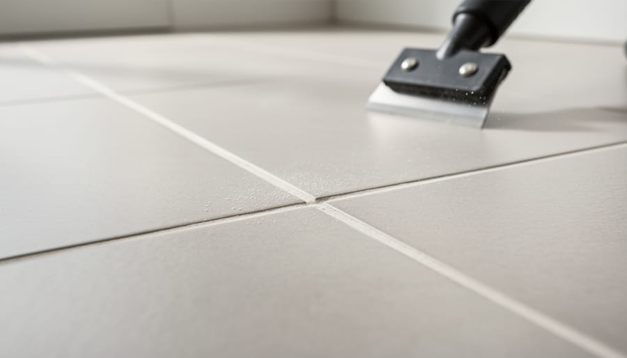 Close-up of clean grout lines between white tiles after professional grout removal