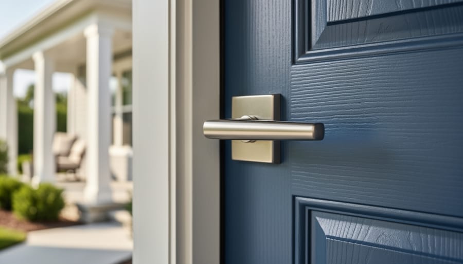 Modern front door with newly installed brushed nickel lever handle and deadbolt