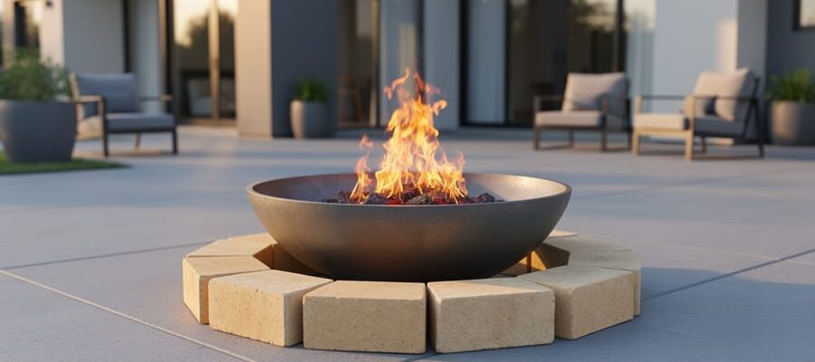 Metal fire bowl on a concrete patio resting on a ring of fire bricks with small flames, demonstrating a protective heat barrier; patio chairs and a house appear softly blurred in the background.