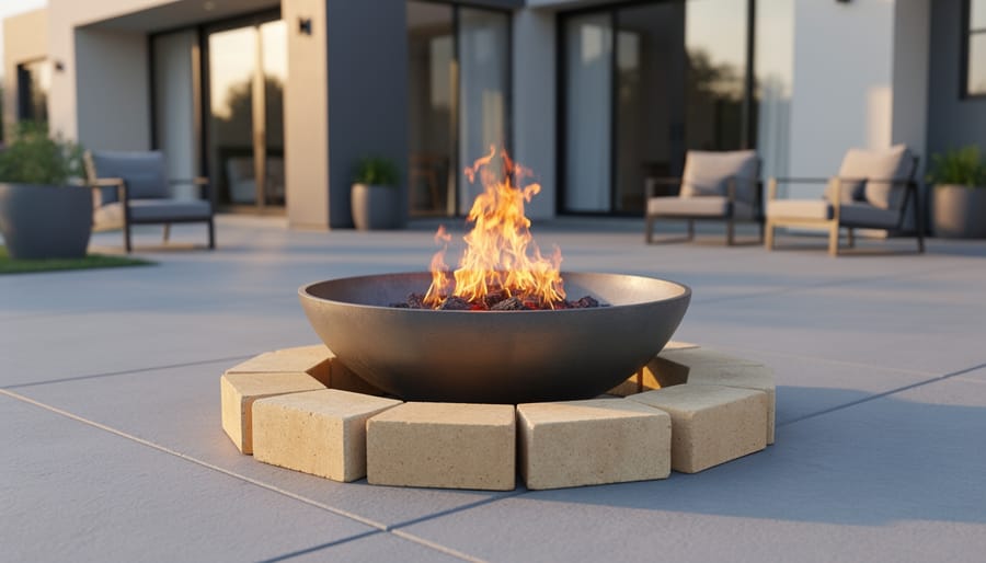 Metal fire bowl on a concrete patio resting on a ring of fire bricks with small flames, demonstrating a protective heat barrier; patio chairs and a house appear softly blurred in the background.