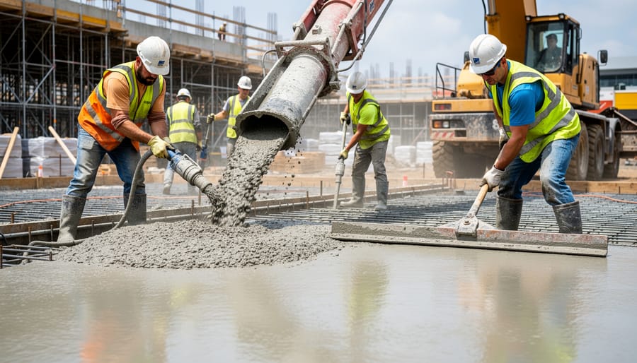 Construction workers pouring and screeding fresh concrete into foundation forms