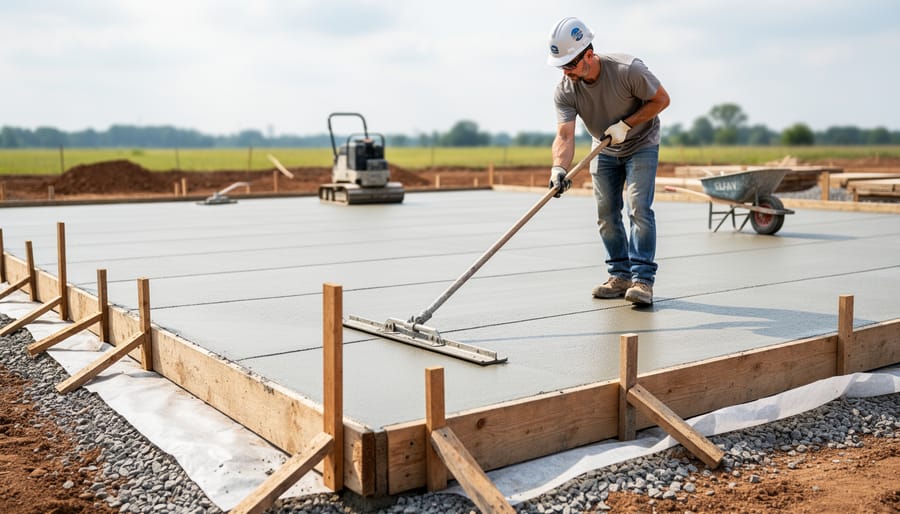 Contractor using a bull float to smooth a freshly poured concrete slab with straight control joints; wood forms and stakes around the edges with crushed gravel base and vapor barrier visible on one side; plate compactor and wheelbarrow blurred in the background.