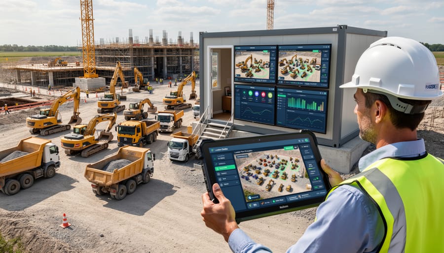 Construction site with multiple pieces of heavy equipment in operation