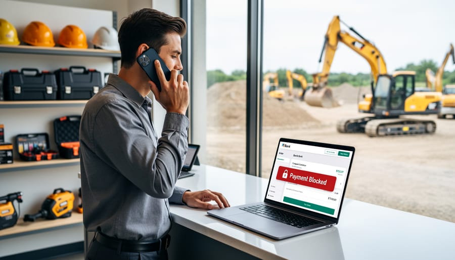 Person calling bank while reviewing payment information on laptop