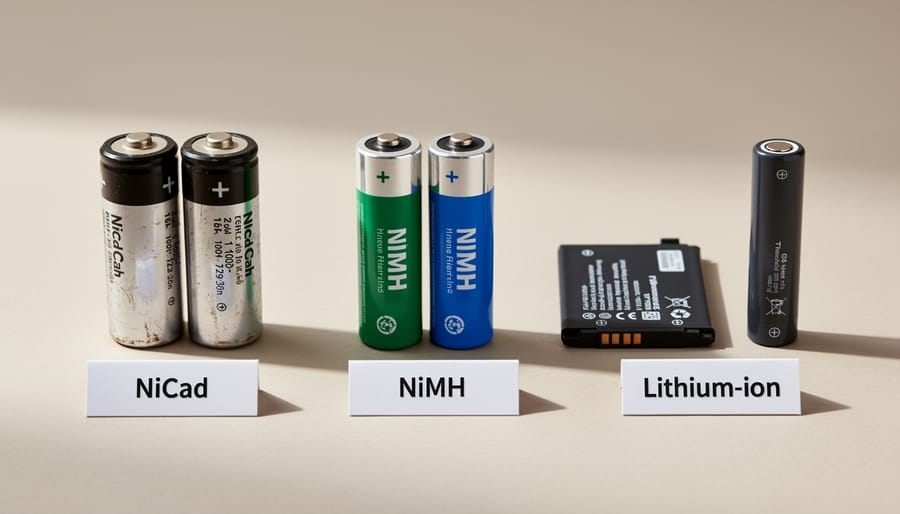 Three types of cordless drill batteries displayed side by side on workbench