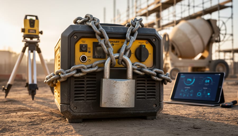 Close-up of a padlocked smart jobsite generator at golden hour, with a laser level on a tripod, a concrete mixer, and scaffolding blurred in the background, conveying the need to secure connected construction tools.
