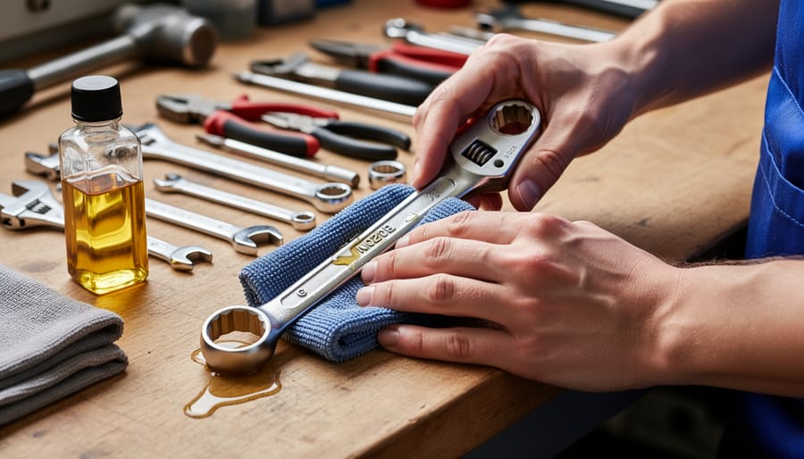 Hands cleaning metal hand tools with cloth on wooden workbench