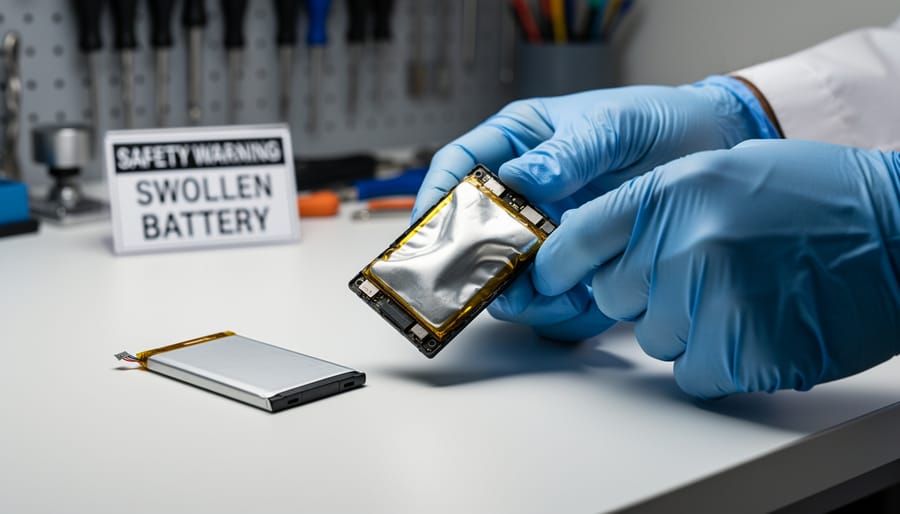 Damaged swollen cordless drill battery showing bulging case compared to normal battery