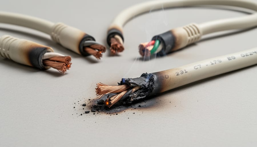 Damaged extension cord showing exposed copper wiring and melted insulation on workshop floor