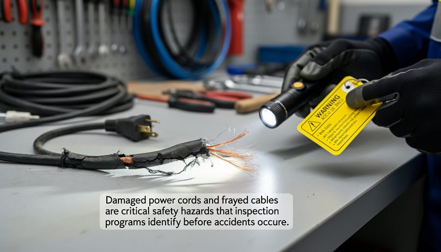 Close-up of damaged electrical cord showing frayed wires and worn insulation