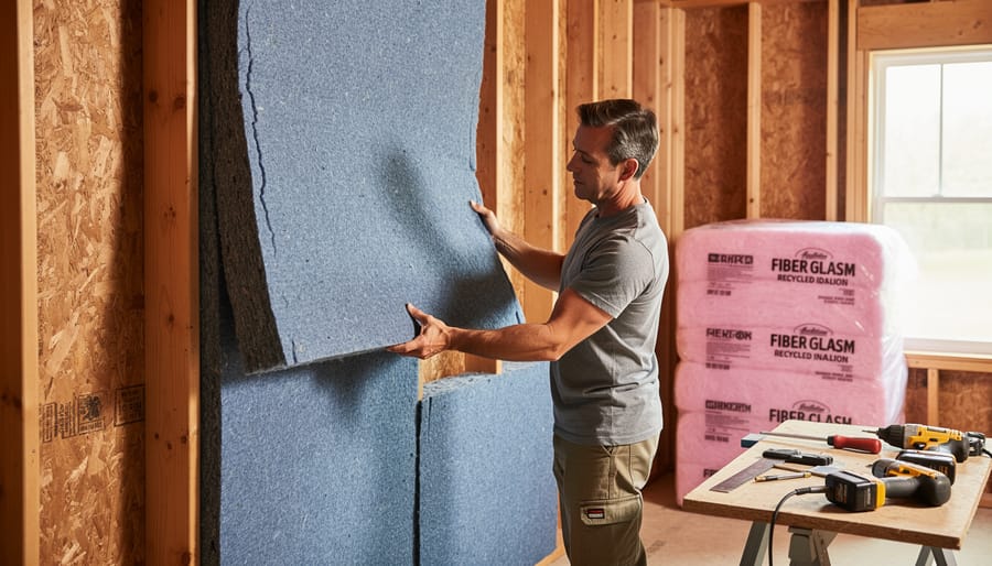 Contractor installing blue recycled denim insulation between wall studs