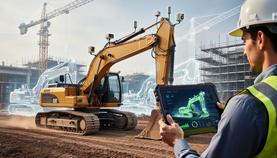 Construction excavator with digital monitoring sensors on a work site