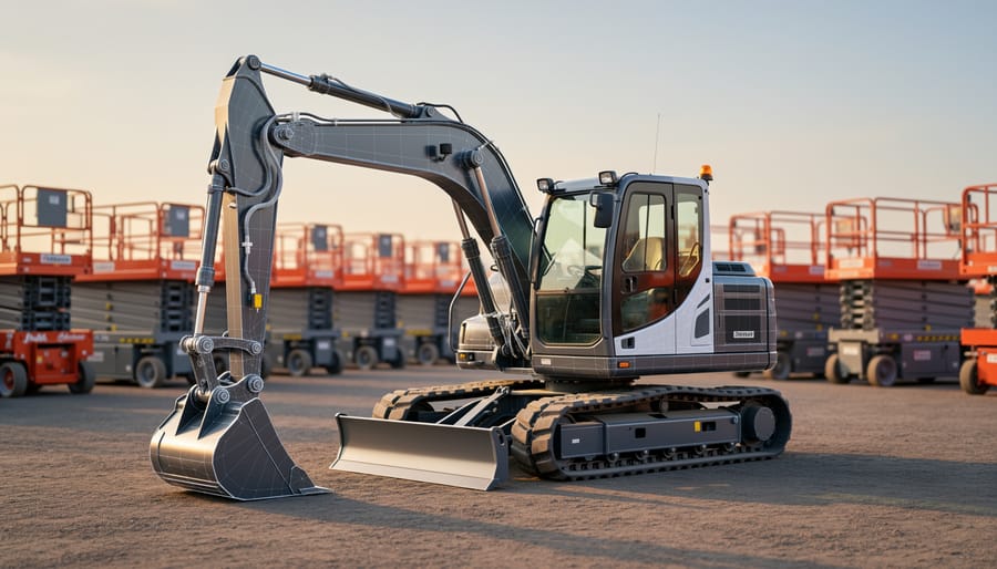Excavator in an equipment rental yard with a subtle semi-transparent digital overlay indicating sensor-driven digital twin monitoring, with blurred rows of scissor lifts and generators in the background.