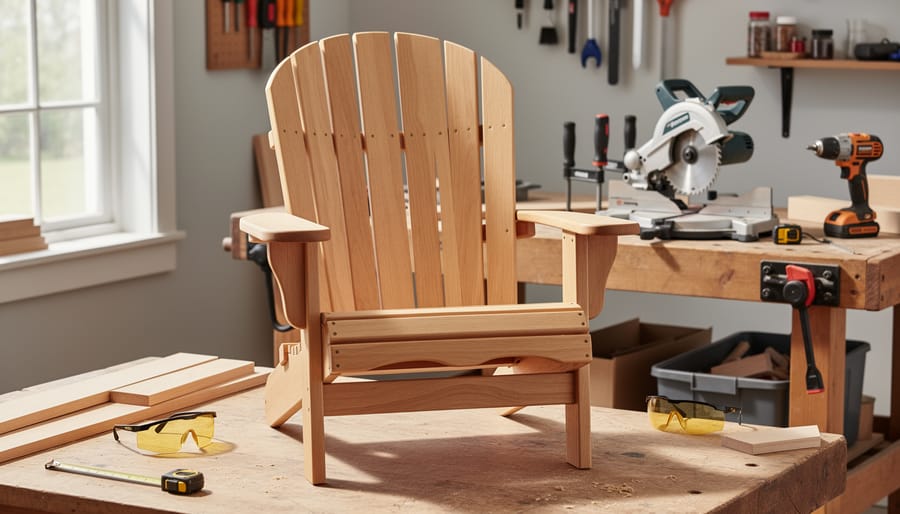 Finished wooden Adirondack chair on outdoor patio in natural lighting