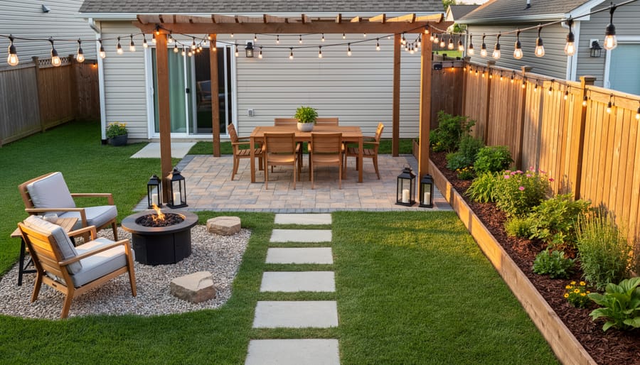 Overhead view of budget-friendly backyard with gravel pathway and garden beds