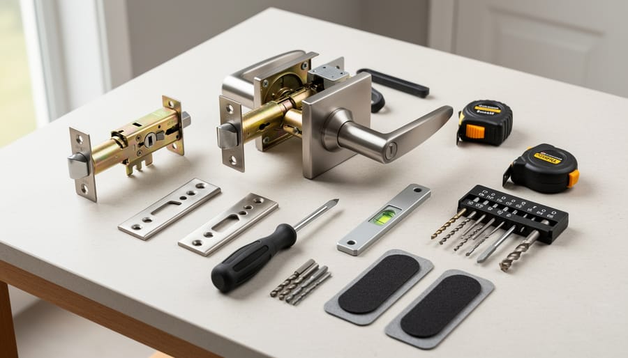 Overhead view of professional door handle installation kit with drill bits, hole saws, templates and measuring tools