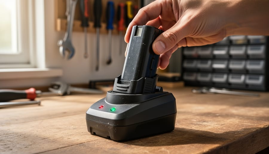 Close-up of an unbranded cordless drill battery being lifted from a charger on a wooden workbench with green and red indicator lights, blurred workshop tools in the background.