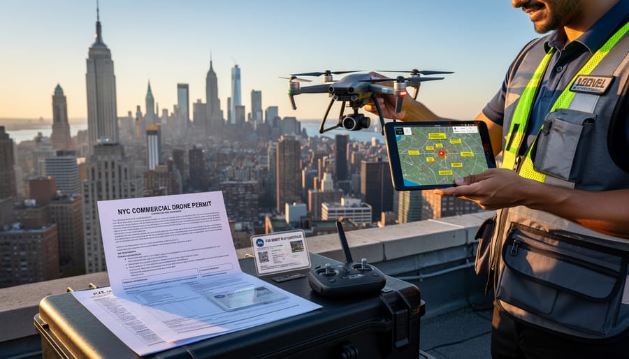 Professional camera drone hovering with New York City skyline in background