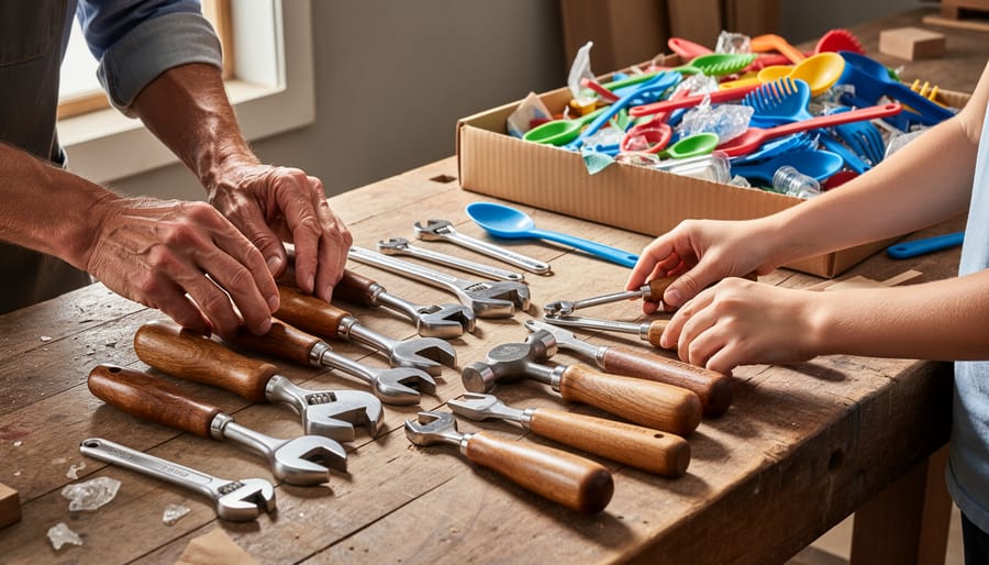Comparison of well-worn and new professional angle grinders demonstrating tool longevity