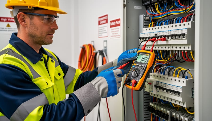 Electrician wearing insulated gloves using multimeter to test circuit breaker panel