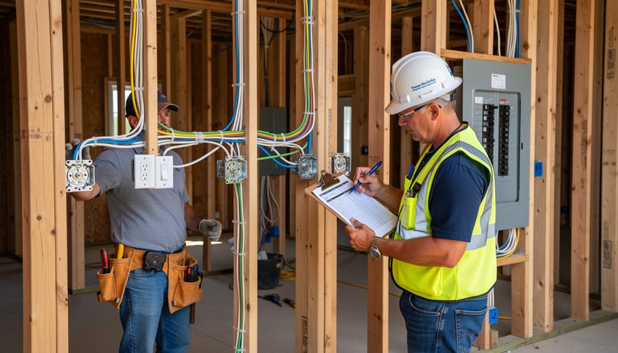 Electrical inspector examining rough-in wiring installation in wall framing