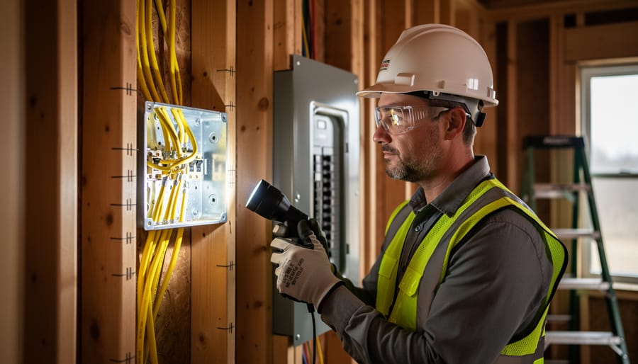 Electrical inspector wearing hard hat and safety glasses uses a flashlight to check an open metal junction box with neatly stapled yellow cables and ground wire on a framed wall, with studs and an electrical panel softly blurred in the background.