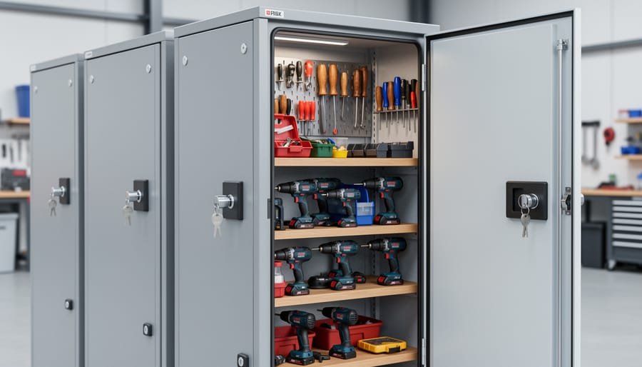 Open weatherproof storage cabinet showing organized yard tools and equipment inside