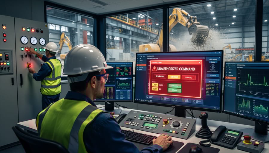 Construction worker's hand pressing emergency stop button on industrial equipment