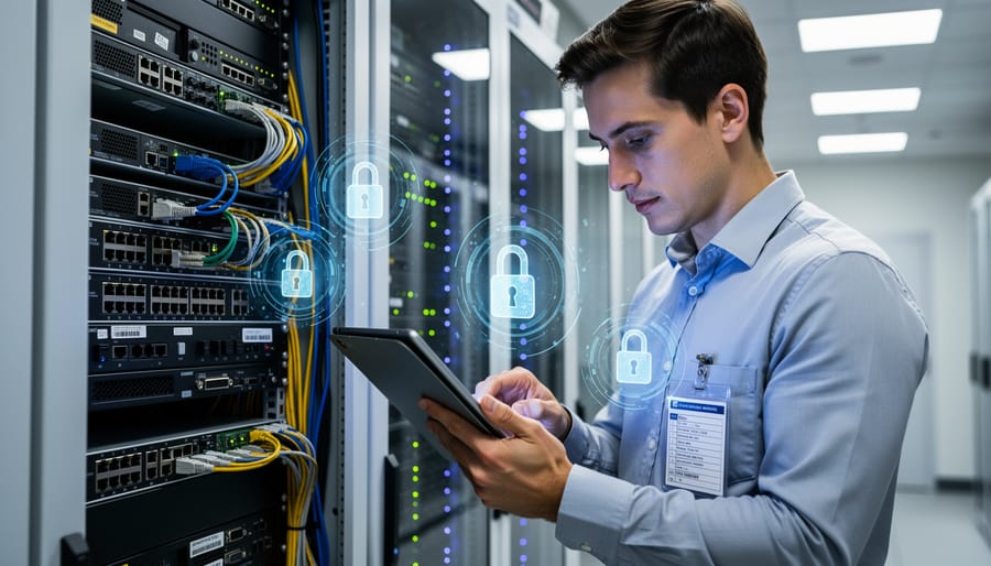 Safety officer conducting security inspection of connected construction tools with digital tablet