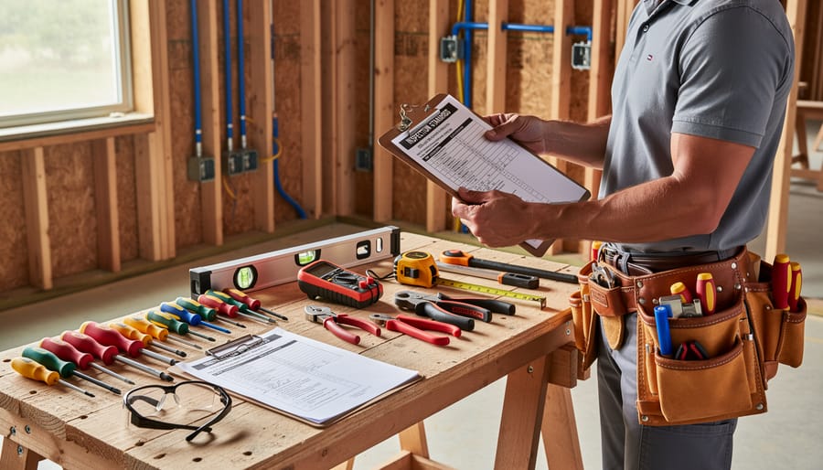 Essential electrical rough-in tools including wire strippers, voltage tester, and measuring tools arranged on workbench