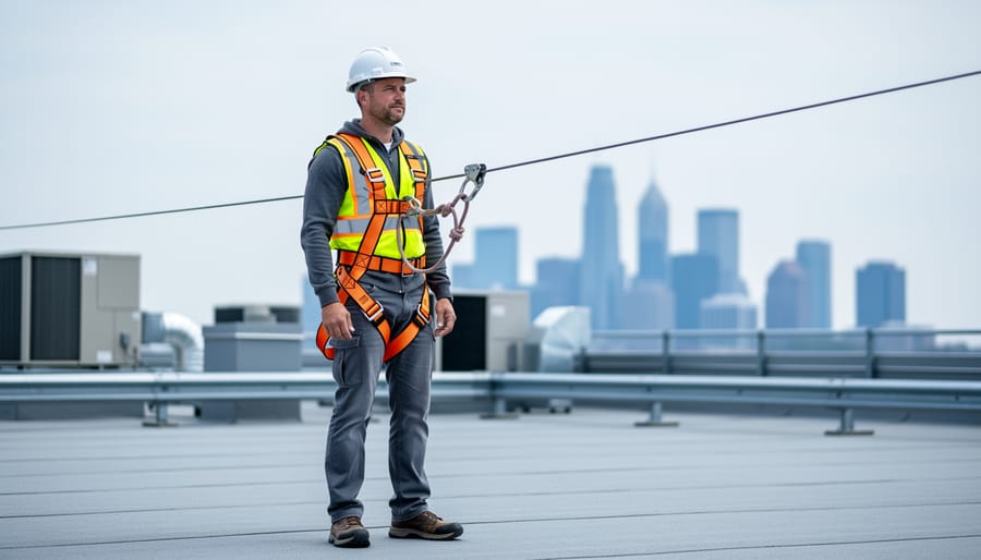 Construction worker wearing a hard hat and hi-vis vest, secured with a full-body harness to a horizontal lifeline on a flat rooftop with guardrails, under bright overcast light; city skyline and HVAC equipment softly blurred behind.
