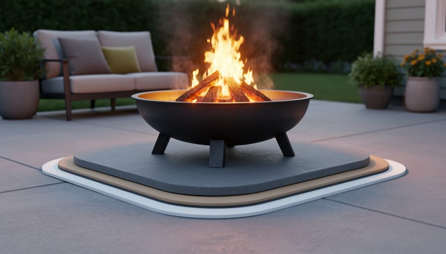 Fire pit with visible heat protection layer installed on concrete patio