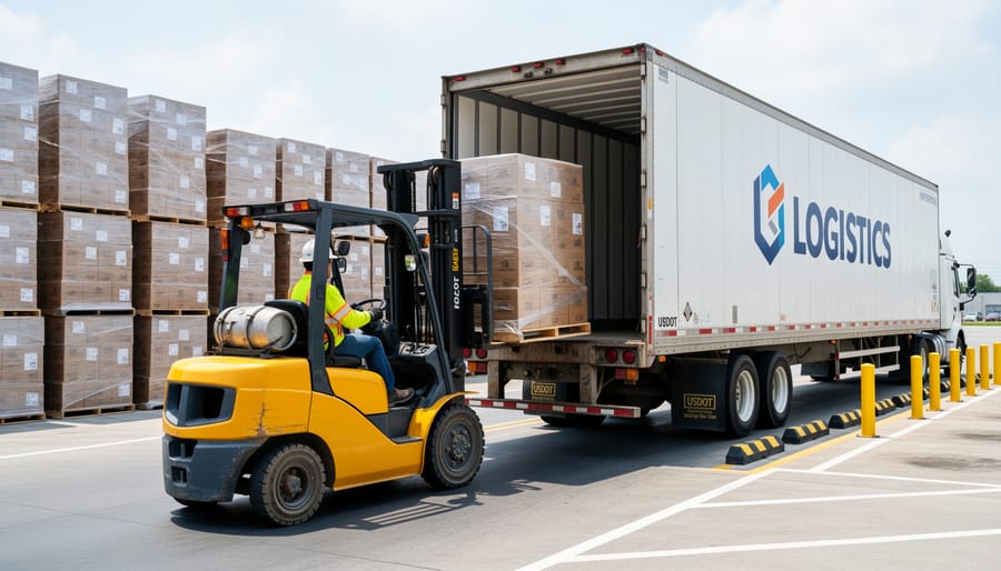 Forklift loading wrapped pallet onto semi-trailer at commercial loading dock