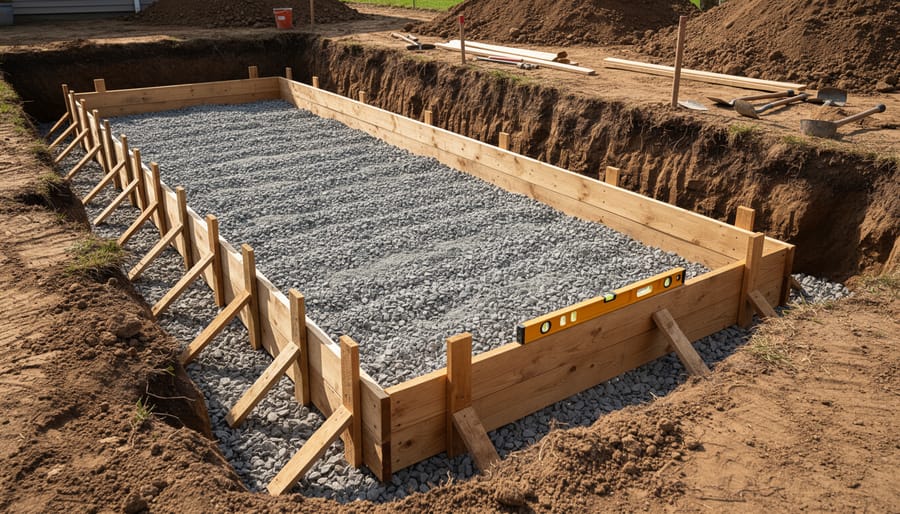 Excavated foundation pit with gravel base and wooden forms ready for concrete