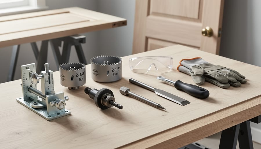 Three-quarter overhead view of a neatly arranged door handle installation kit with mortise jig, hole saws, arbor, center punch, door edge chisel, safety glasses and gloves on a wooden workbench, with a blurred unfinished door on sawhorses behind.