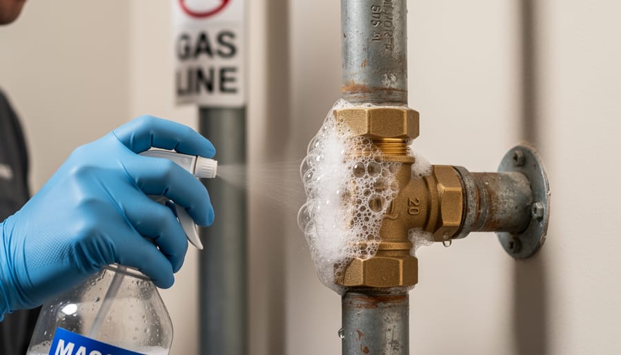 Hands in safety gloves applying soapy water to gas cylinder connection to check for leaks