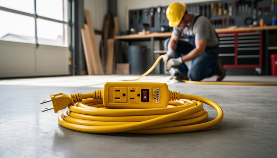 Worker holding GFCI-protected extension cord showing test and reset buttons