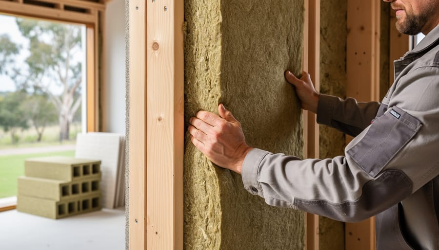 Installer fitting natural-fiber insulation into a timber wall cavity inside a sunlit Australian home, with hempcrete blocks and mycelium panels stacked in soft focus and eucalyptus trees visible outside.