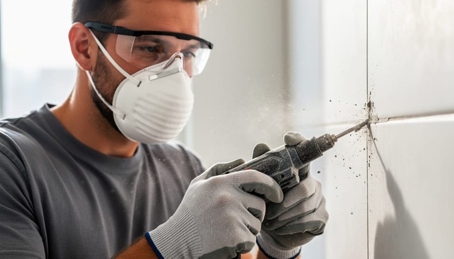 Worker wearing safety goggles, dust mask, and gloves while using grout removal tool