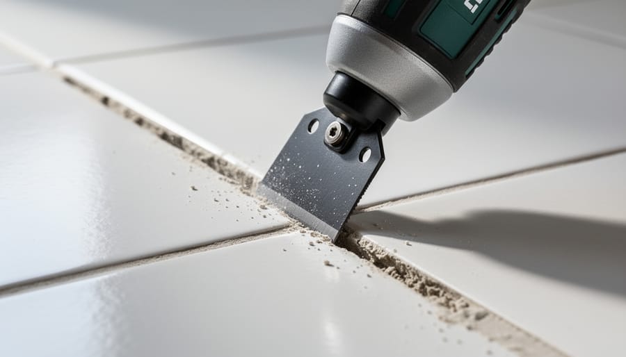 Oscillating multi-tool with grout removal blade working on tile grout line