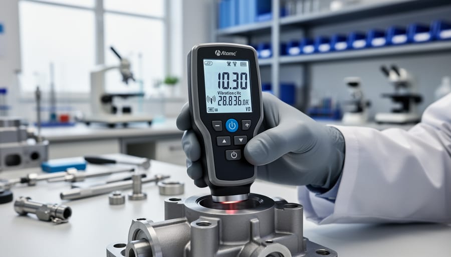 Construction worker using modern laser level with haptic feedback technology on job site