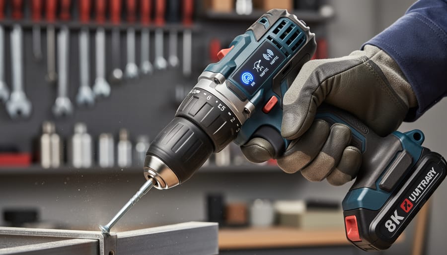 Close-up of cordless drill in use showing haptic feedback technology in action