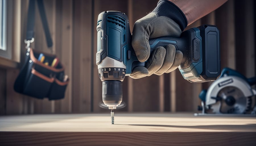 Close-up of a contractor’s gloved hand holding a cordless impact driver as it drives a screw flush into hardwood, slight motion blur on the grip suggesting haptic vibration, with softly blurred wall studs, tool belt, and circular saw in the background.