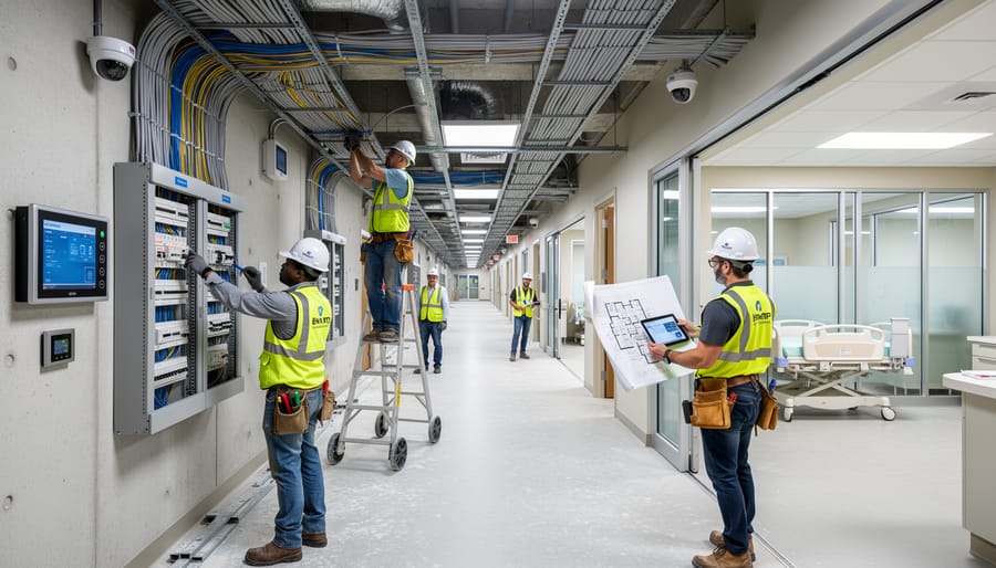 Healthcare facility construction site showing network cabling and electrical infrastructure installation