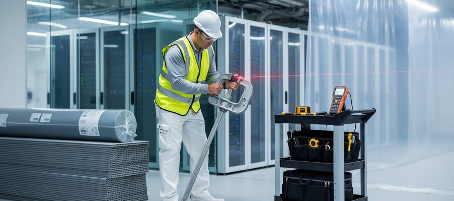 Contractor in safety gear using a conduit bender next to anti-static flooring rolls and a tool cart with a moisture meter and laser level in a hospital corridor under renovation, with glass-walled server racks, suspended cable trays, and plastic dust containment in the background.