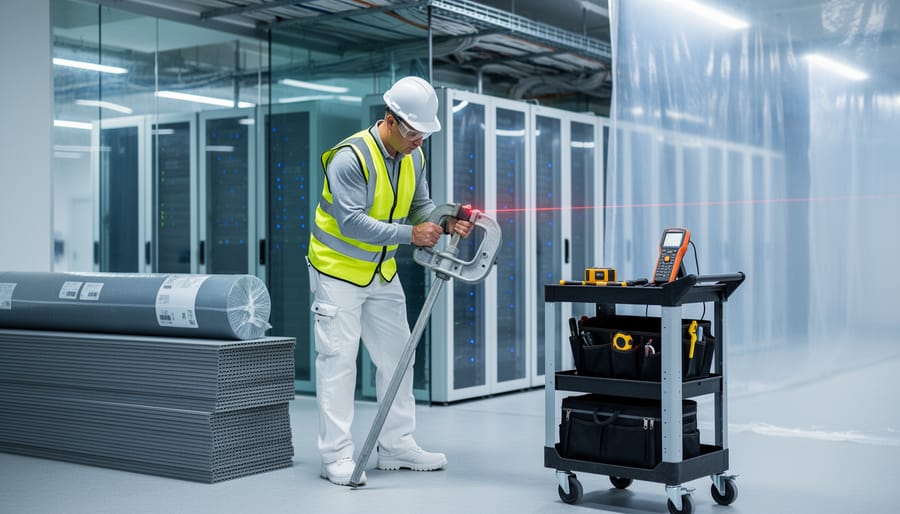Contractor in safety gear using a conduit bender next to anti-static flooring rolls and a tool cart with a moisture meter and laser level in a hospital corridor under renovation, with glass-walled server racks, suspended cable trays, and plastic dust containment in the background.