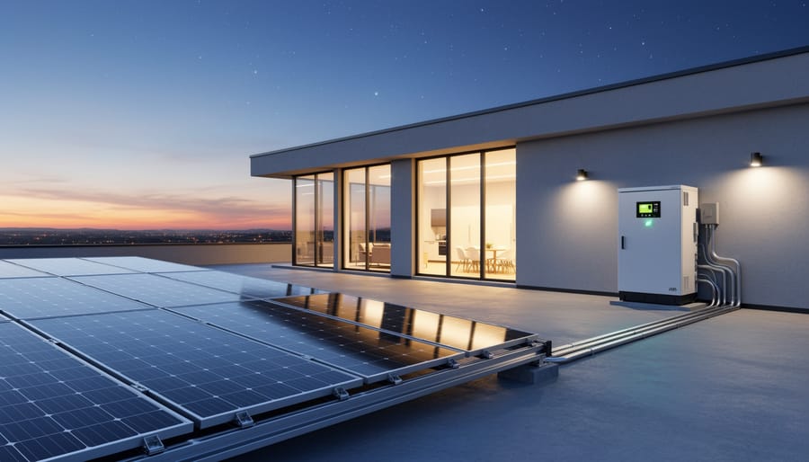 Modern home battery energy storage system mounted on interior wall