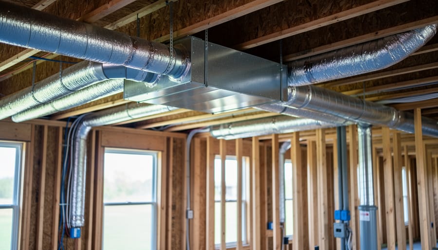 Galvanized HVAC main trunk and insulated supply ducts hung from ceiling joists with sealed seams and proper hangers in an unfinished residential framing, with electrical conduits and plumbing stacks visible in the background.