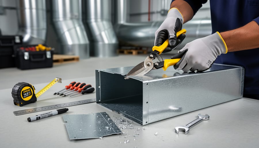 Construction worker using aviation snips to cut sheet metal ductwork