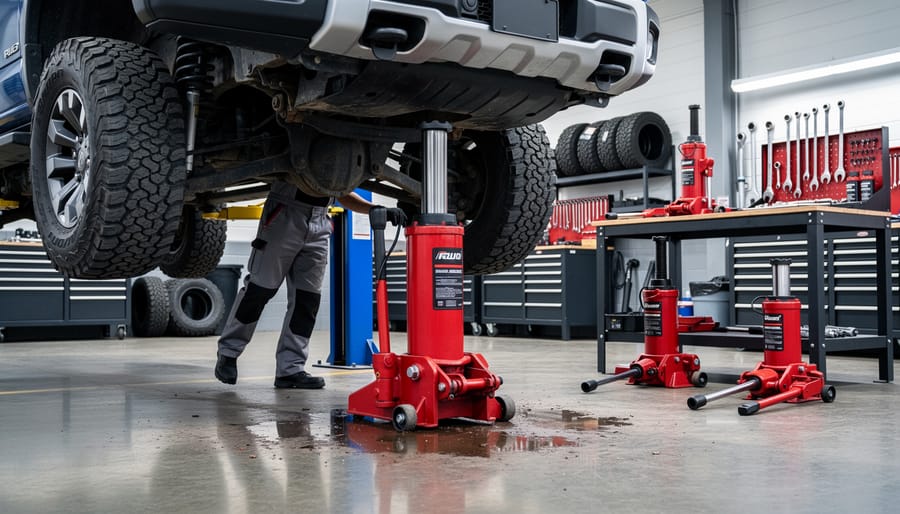 Mechanic working under car elevated on hydraulic lift in professional auto shop